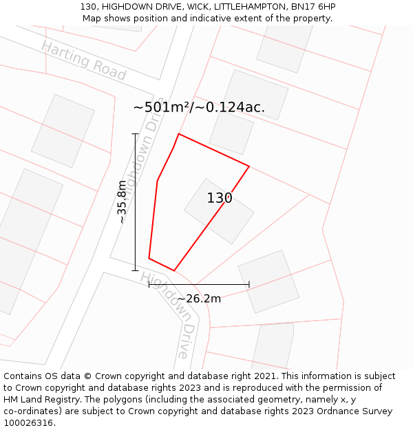 130, HIGHDOWN DRIVE, WICK, LITTLEHAMPTON, BN17 6HP: Plot and title map