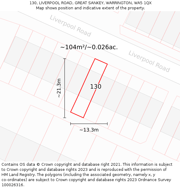 130, LIVERPOOL ROAD, GREAT SANKEY, WARRINGTON, WA5 1QX: Plot and title map