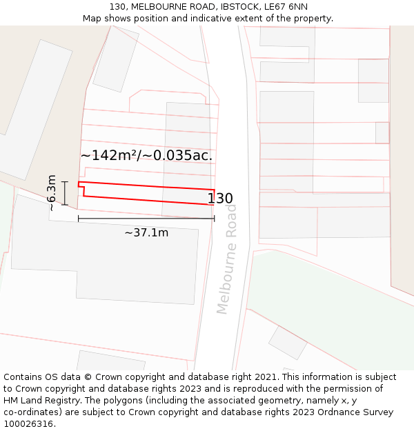 130, MELBOURNE ROAD, IBSTOCK, LE67 6NN: Plot and title map