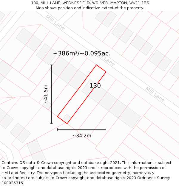 130, MILL LANE, WEDNESFIELD, WOLVERHAMPTON, WV11 1BS: Plot and title map