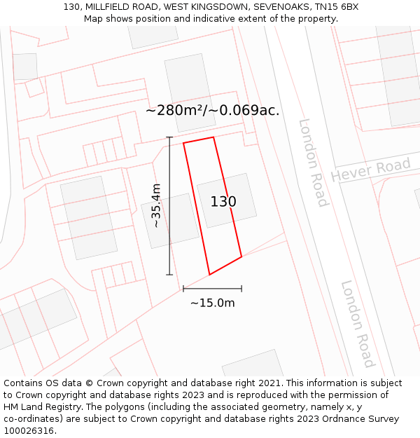 130, MILLFIELD ROAD, WEST KINGSDOWN, SEVENOAKS, TN15 6BX: Plot and title map