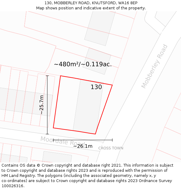 130, MOBBERLEY ROAD, KNUTSFORD, WA16 8EP: Plot and title map