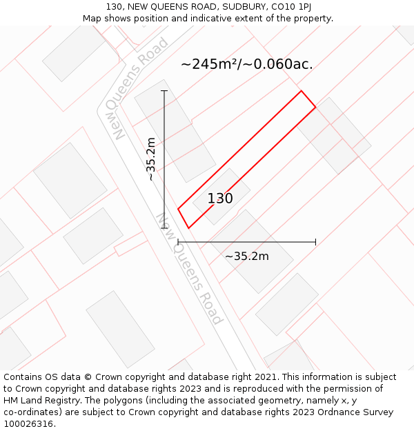 130, NEW QUEENS ROAD, SUDBURY, CO10 1PJ: Plot and title map