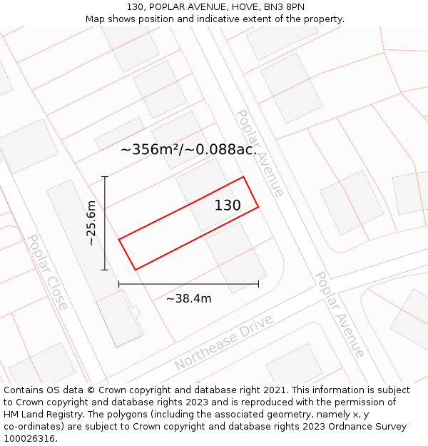 130, POPLAR AVENUE, HOVE, BN3 8PN: Plot and title map