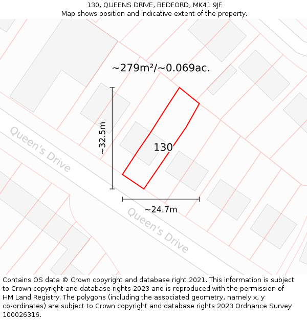 130, QUEENS DRIVE, BEDFORD, MK41 9JF: Plot and title map