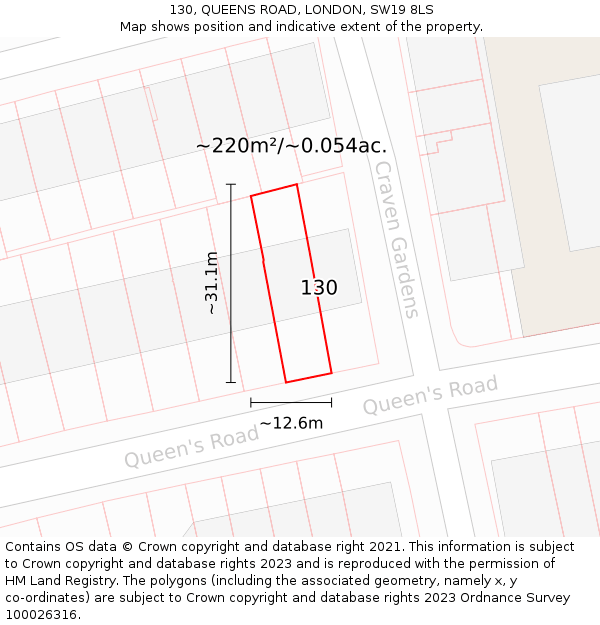 130, QUEENS ROAD, LONDON, SW19 8LS: Plot and title map