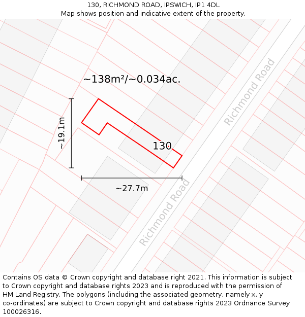 130, RICHMOND ROAD, IPSWICH, IP1 4DL: Plot and title map