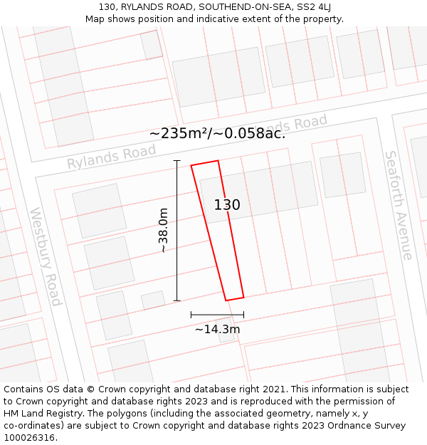 130, RYLANDS ROAD, SOUTHEND-ON-SEA, SS2 4LJ: Plot and title map