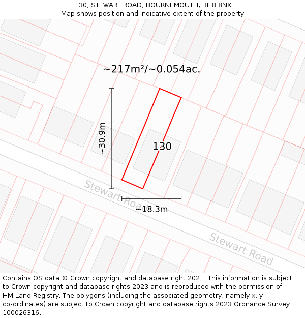 130, STEWART ROAD, BOURNEMOUTH, BH8 8NX: Plot and title map