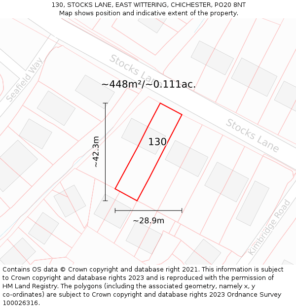 130, STOCKS LANE, EAST WITTERING, CHICHESTER, PO20 8NT: Plot and title map