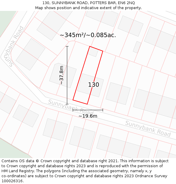 130, SUNNYBANK ROAD, POTTERS BAR, EN6 2NQ: Plot and title map