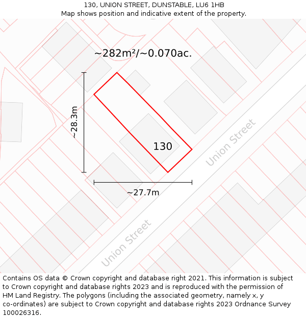 130, UNION STREET, DUNSTABLE, LU6 1HB: Plot and title map