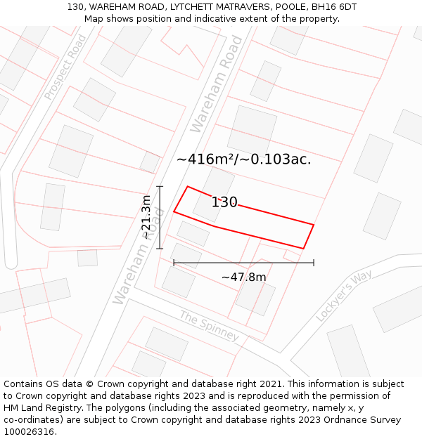 130, WAREHAM ROAD, LYTCHETT MATRAVERS, POOLE, BH16 6DT: Plot and title map