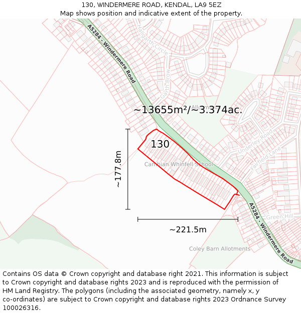 130, WINDERMERE ROAD, KENDAL, LA9 5EZ: Plot and title map