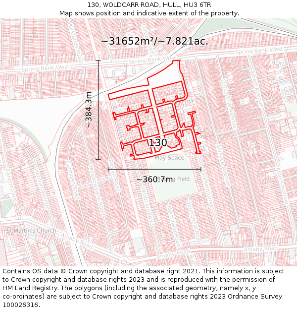 130, WOLDCARR ROAD, HULL, HU3 6TR: Plot and title map