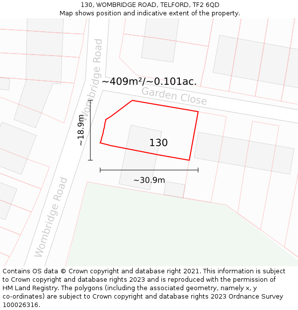 130, WOMBRIDGE ROAD, TELFORD, TF2 6QD: Plot and title map