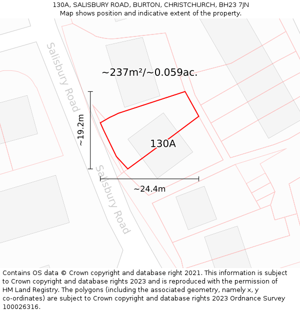 130A, SALISBURY ROAD, BURTON, CHRISTCHURCH, BH23 7JN: Plot and title map