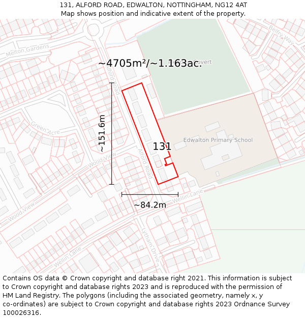 131, ALFORD ROAD, EDWALTON, NOTTINGHAM, NG12 4AT: Plot and title map