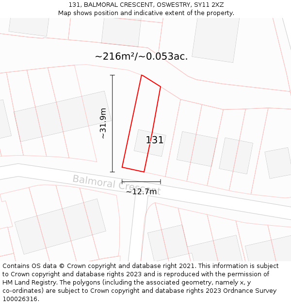 131, BALMORAL CRESCENT, OSWESTRY, SY11 2XZ: Plot and title map