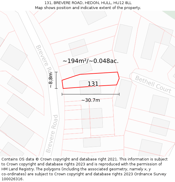 131, BREVERE ROAD, HEDON, HULL, HU12 8LL: Plot and title map