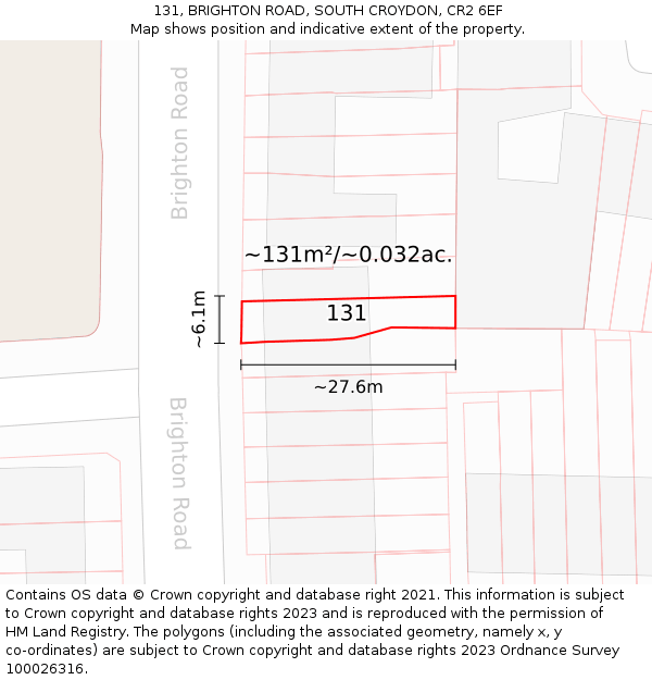 131, BRIGHTON ROAD, SOUTH CROYDON, CR2 6EF: Plot and title map