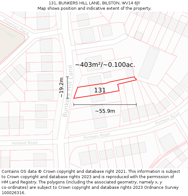 131, BUNKERS HILL LANE, BILSTON, WV14 6JY: Plot and title map