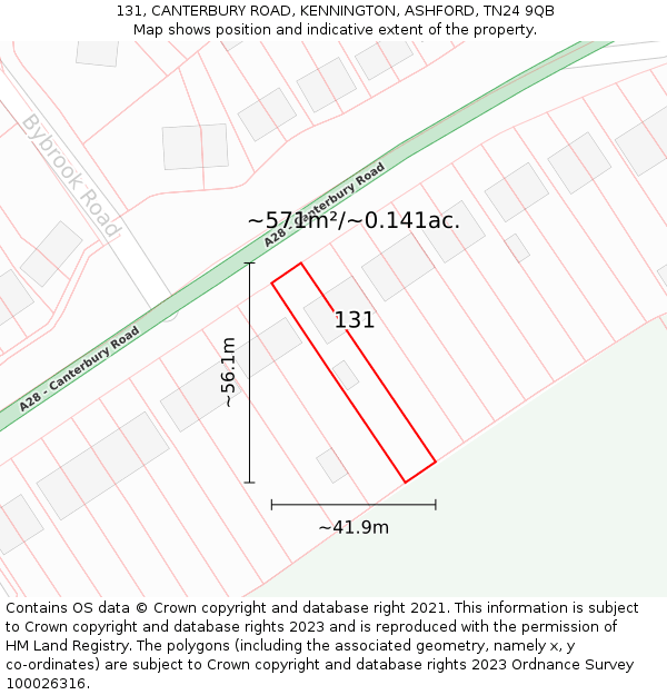 131, CANTERBURY ROAD, KENNINGTON, ASHFORD, TN24 9QB: Plot and title map