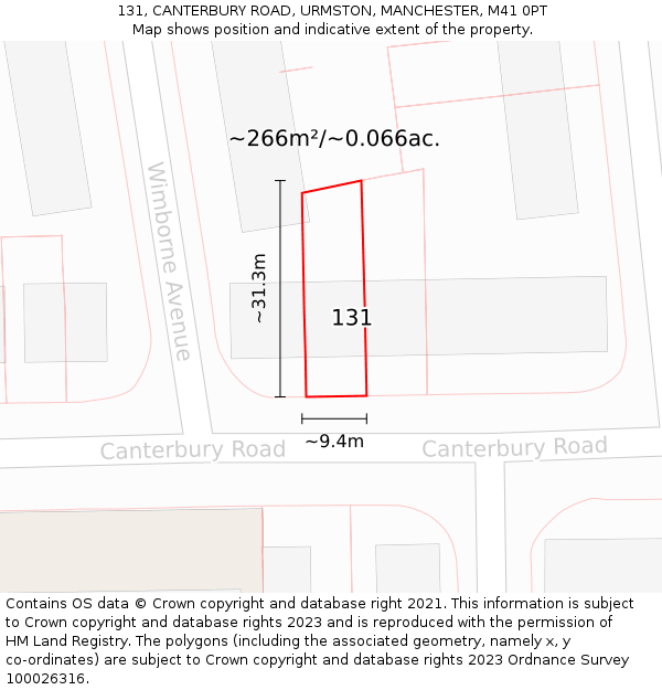 131, CANTERBURY ROAD, URMSTON, MANCHESTER, M41 0PT: Plot and title map