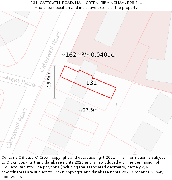 131, CATESWELL ROAD, HALL GREEN, BIRMINGHAM, B28 8LU: Plot and title map