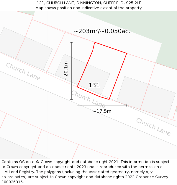 131, CHURCH LANE, DINNINGTON, SHEFFIELD, S25 2LF: Plot and title map