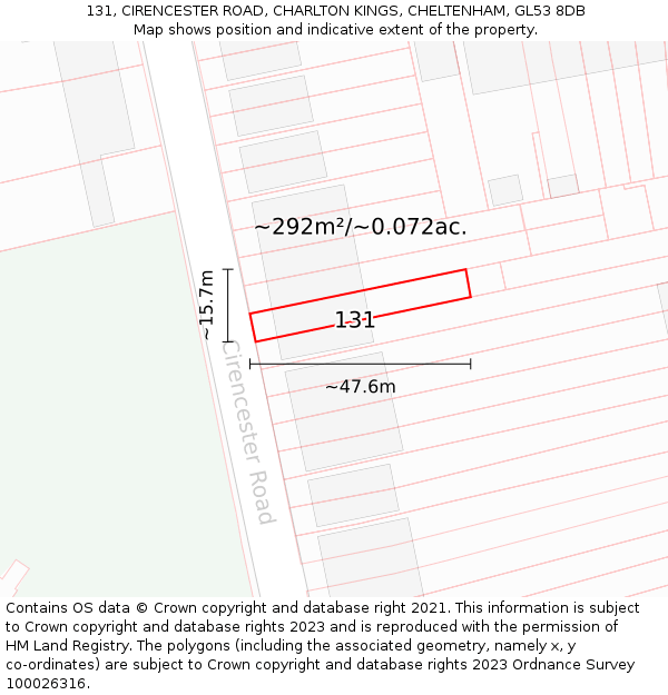 131, CIRENCESTER ROAD, CHARLTON KINGS, CHELTENHAM, GL53 8DB: Plot and title map