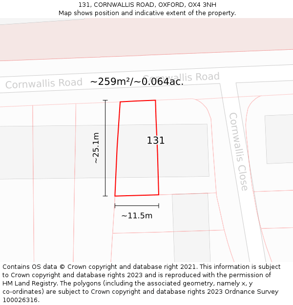 131, CORNWALLIS ROAD, OXFORD, OX4 3NH: Plot and title map