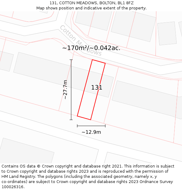 131, COTTON MEADOWS, BOLTON, BL1 8FZ: Plot and title map