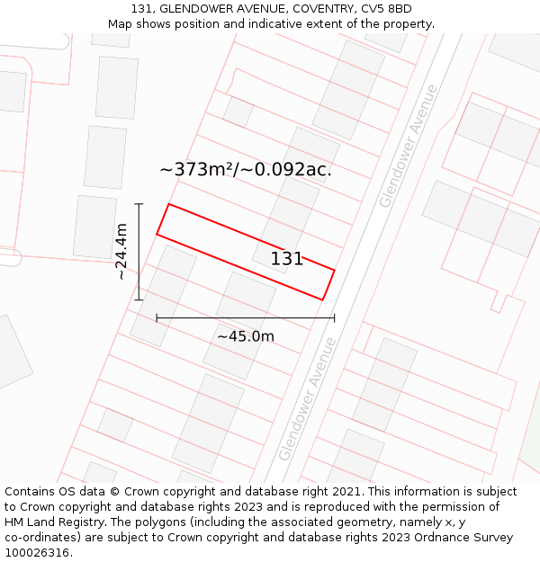 131, GLENDOWER AVENUE, COVENTRY, CV5 8BD: Plot and title map