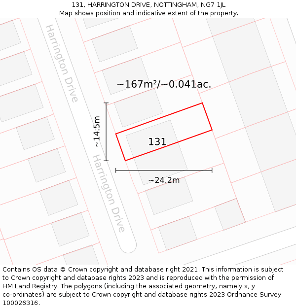 131, HARRINGTON DRIVE, NOTTINGHAM, NG7 1JL: Plot and title map