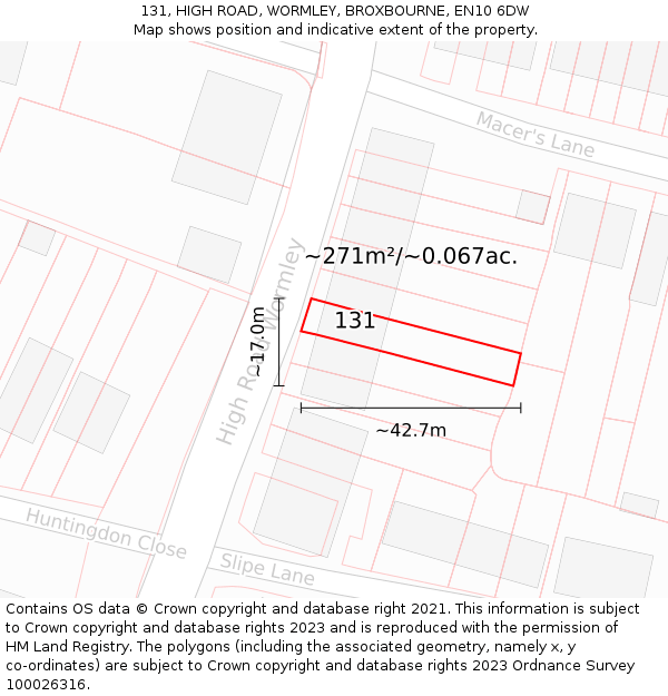 131, HIGH ROAD, WORMLEY, BROXBOURNE, EN10 6DW: Plot and title map