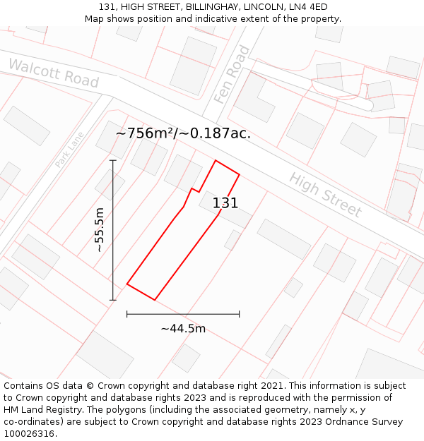 131, HIGH STREET, BILLINGHAY, LINCOLN, LN4 4ED: Plot and title map