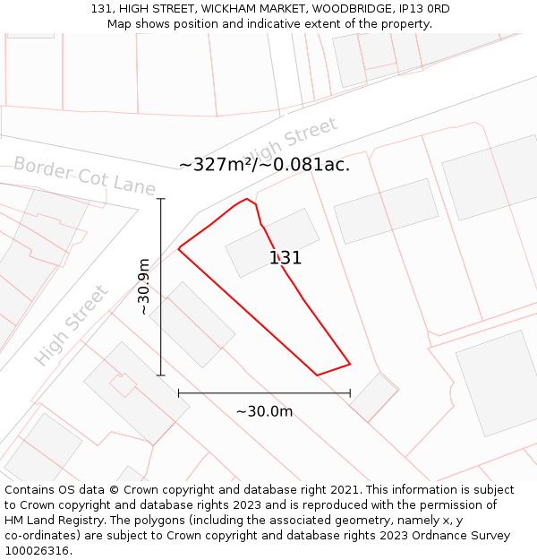 131, HIGH STREET, WICKHAM MARKET, WOODBRIDGE, IP13 0RD: Plot and title map