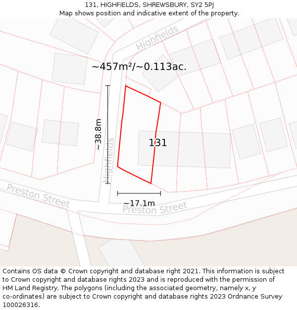 131, HIGHFIELDS, SHREWSBURY, SY2 5PJ: Plot and title map