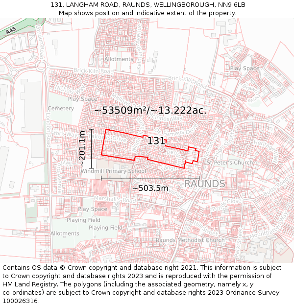 131, LANGHAM ROAD, RAUNDS, WELLINGBOROUGH, NN9 6LB: Plot and title map