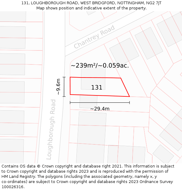 131, LOUGHBOROUGH ROAD, WEST BRIDGFORD, NOTTINGHAM, NG2 7JT: Plot and title map