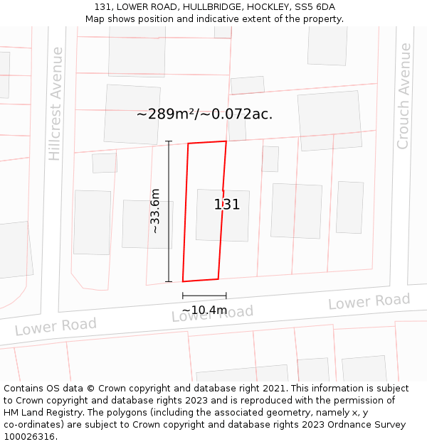 131, LOWER ROAD, HULLBRIDGE, HOCKLEY, SS5 6DA: Plot and title map