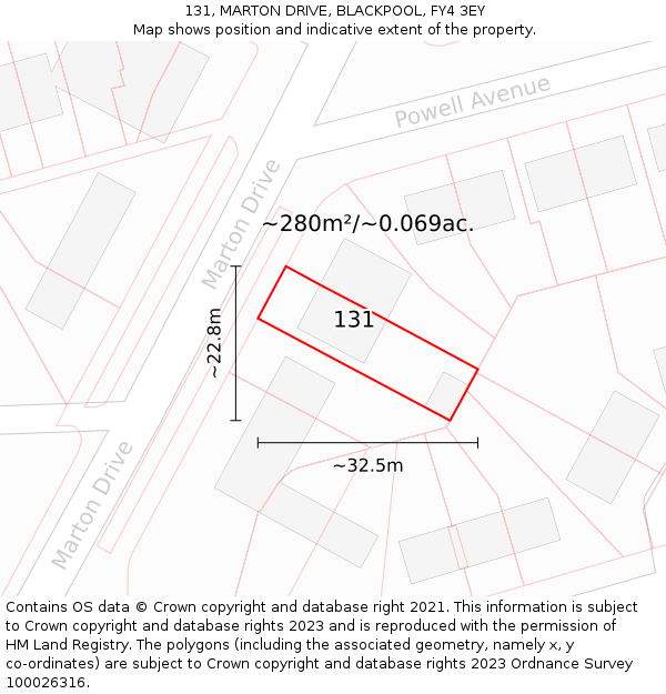 131, MARTON DRIVE, BLACKPOOL, FY4 3EY: Plot and title map