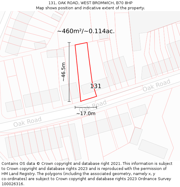 131, OAK ROAD, WEST BROMWICH, B70 8HP: Plot and title map
