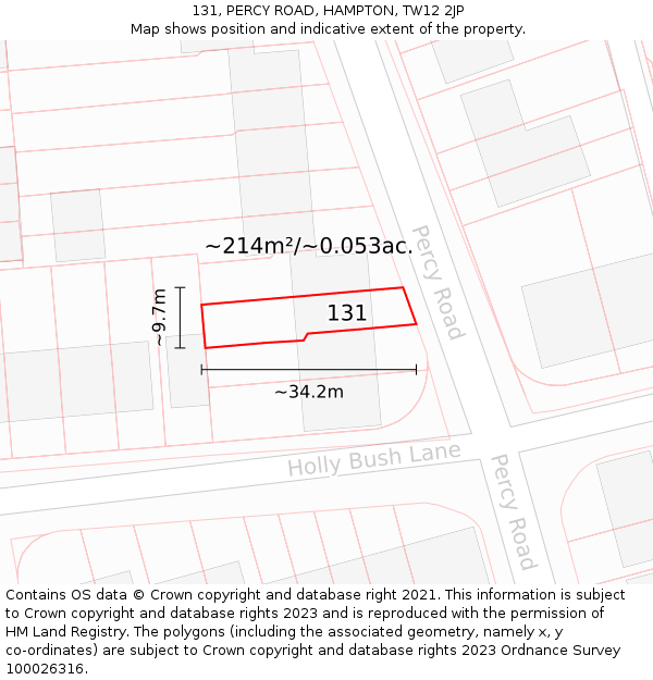 131, PERCY ROAD, HAMPTON, TW12 2JP: Plot and title map