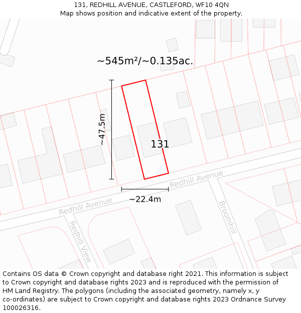 131, REDHILL AVENUE, CASTLEFORD, WF10 4QN: Plot and title map