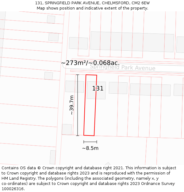 131, SPRINGFIELD PARK AVENUE, CHELMSFORD, CM2 6EW: Plot and title map