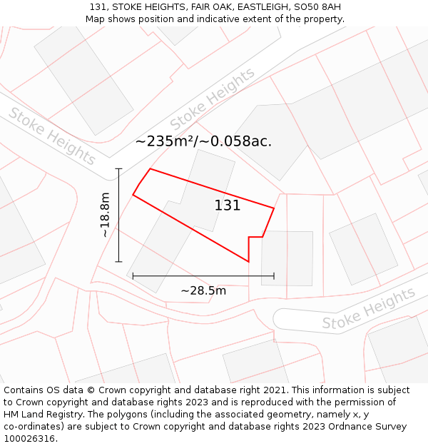 131, STOKE HEIGHTS, FAIR OAK, EASTLEIGH, SO50 8AH: Plot and title map