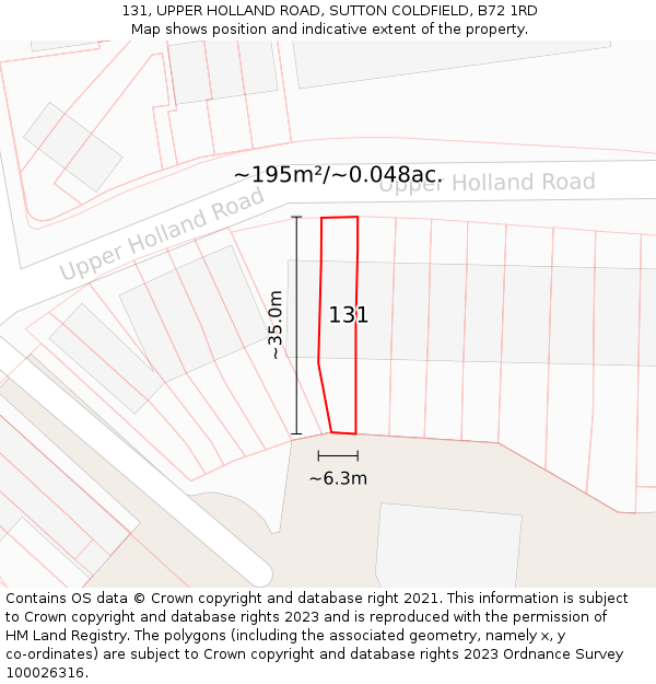 131, UPPER HOLLAND ROAD, SUTTON COLDFIELD, B72 1RD: Plot and title map