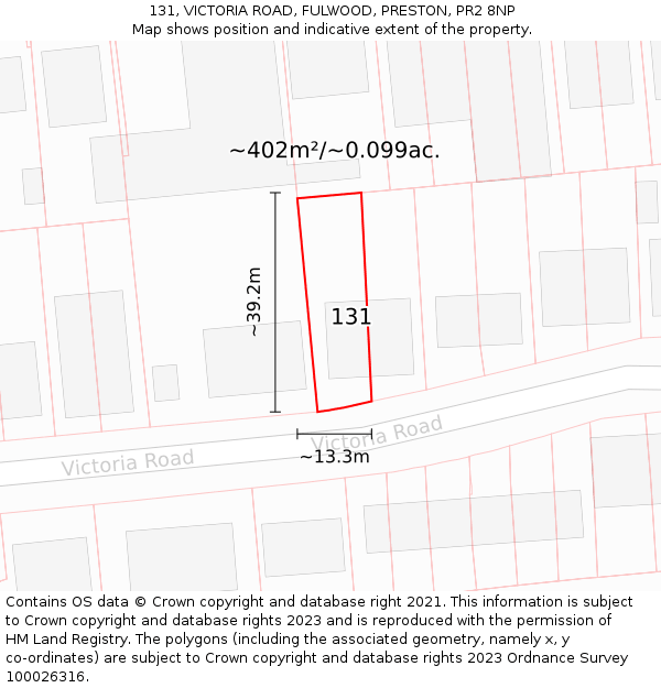 131, VICTORIA ROAD, FULWOOD, PRESTON, PR2 8NP: Plot and title map